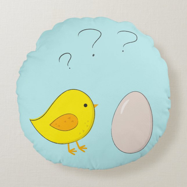 The chicken or the egg cute Easter cartoon Round Cushion (Front)