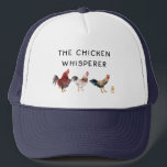 The Chicken Whisperer Trucker Hat<br><div class="desc">Funny tracker hat design for chicken lovers and farmers featuring watercolor illustration of chickens and a chick with a text that says "the chicken whisperer"</div>