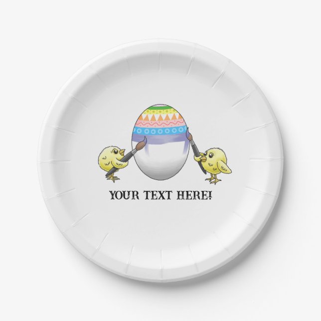 The chickens paint a colorful Easter egg Paper Plate (Front)