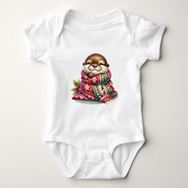 The Christmas Otter in a Scarf Baby Bodysuit (Front)