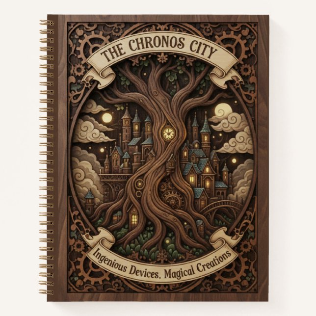 The Chronos City Steampunk Tree Wood Carved  Notebook (Front)