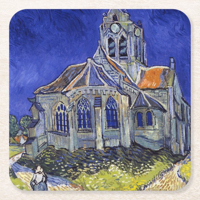 The Church at Auvers, Van Gogh Square Paper Coaster (Front)
