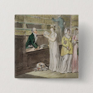 The Circulating Library (pen and ink and w/c and w 15 Cm Square Badge