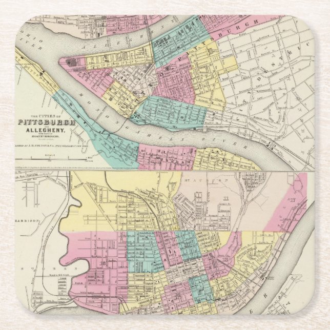 The Cities Of Pittsburgh Allegheny Cincinnati Square Paper Coaster (Front)