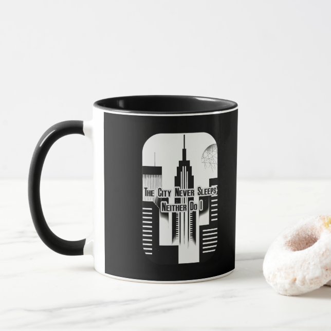 The City Never Sleeps Hustle Skyline Design Mug (With Donut)