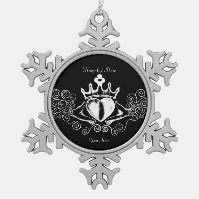 The Claddagh (White) Snowflake Pewter Christmas Ornament (Front)