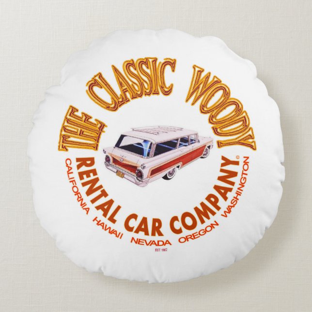 The Classic Woody Rental Car Company Round Cushion (Front)