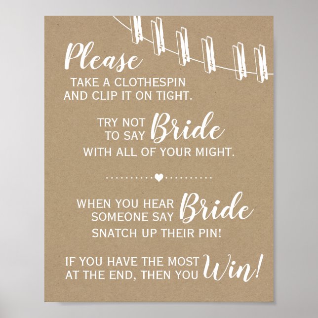 The clothespin game bridal shower rustic sign (Front)