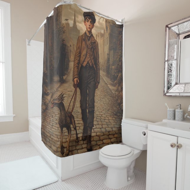 The Cobblestone Guardian – Surreal Art Design Shower Curtain (In Situ)