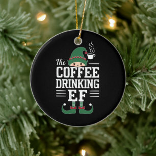 The Coffee Drinking Elf Family Matching Christmas  Ceramic Ornament