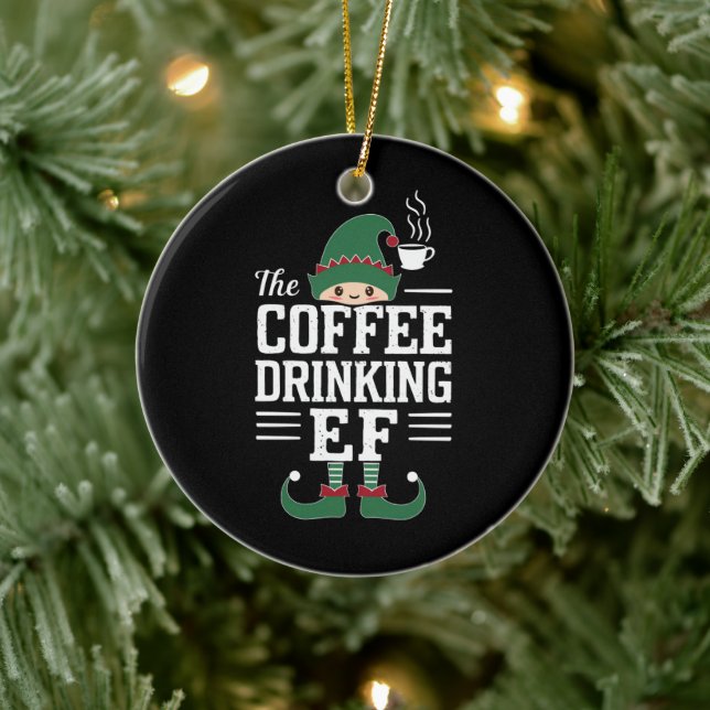 The Coffee Drinking Elf Family Matching Christmas  Ceramic Ornament (Tree)