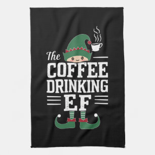 The Coffee Drinking Elf Family Matching Christmas  Tea Towel