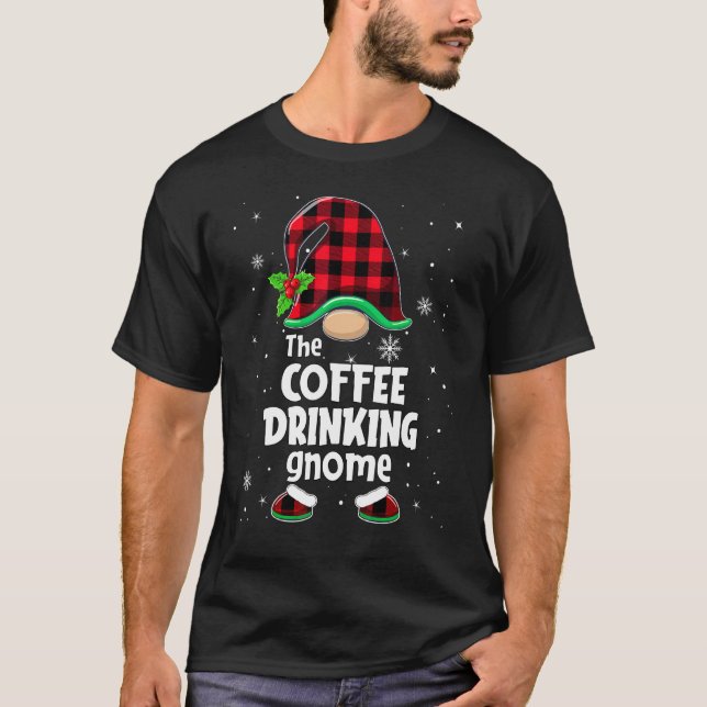 The Coffee Drinking Gnome Buffalo Plaid Christmas  T-Shirt (Front)