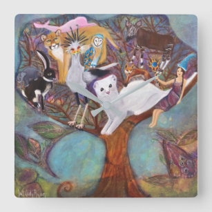The Collector Whimsical Animals in Tree Art Square Wall Clock