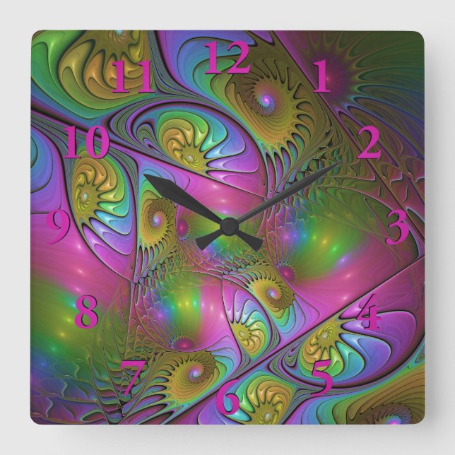 The Colorful Luminous Trippy Abstract Fractal Art Square Wall Clock (Front)