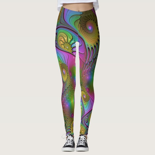 The Colourful Luminous Modern Abstract Fractal Art Leggings (Front)