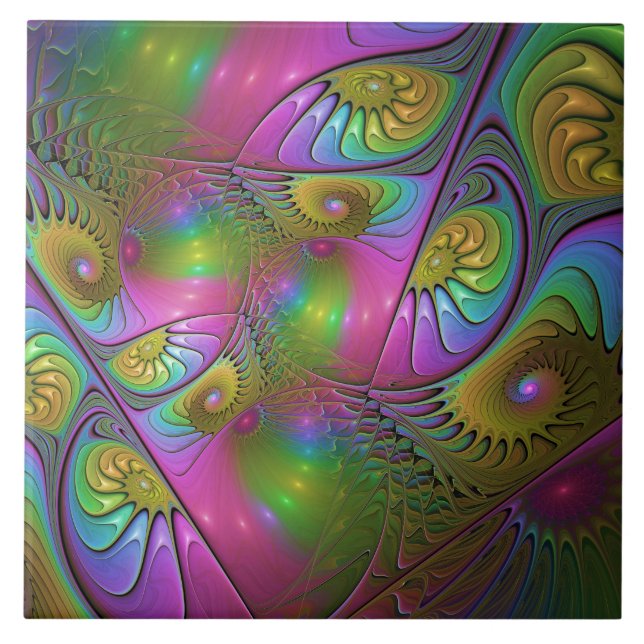 The Colourful Luminous Trippy Abstract Fractal Art Ceramic Tile (Front)