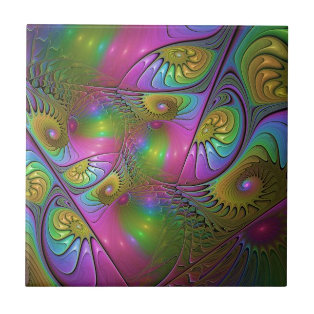 The Colourful Luminous Trippy Abstract Fractal Art Ceramic Tile (Front)