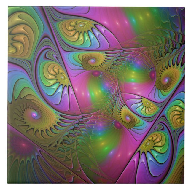 The Colourful Luminous Trippy Abstract Fractal Art Ceramic Tile (Front)
