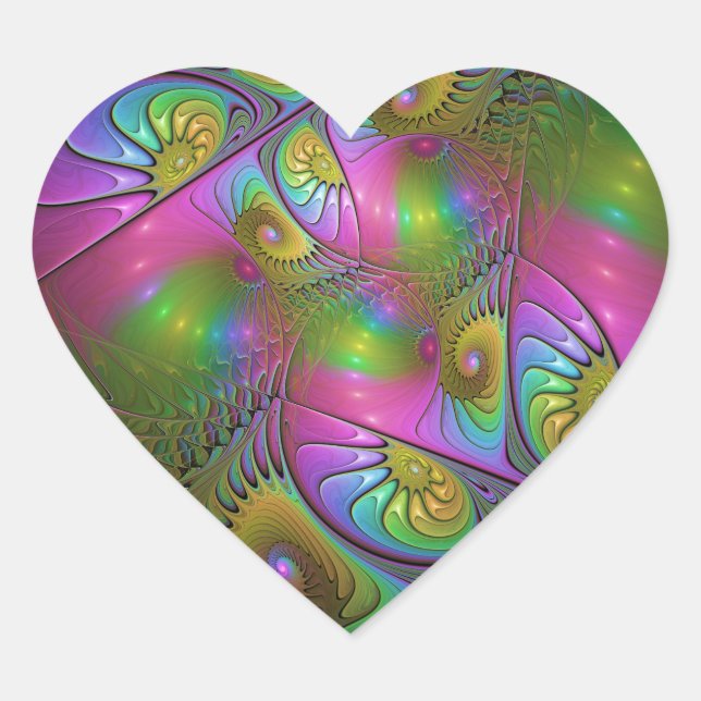 The Colourful Luminous Trippy Abstract Fractal Art Heart Sticker (Front)