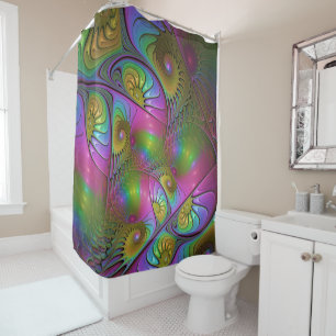 The Colourful Luminous Trippy Abstract Fractal Art Shower Curtain