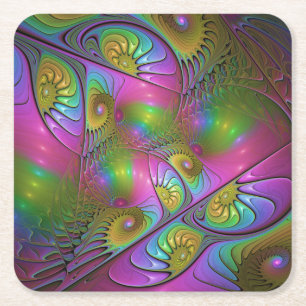 The Colourful Luminous Trippy Abstract Fractal Art Square Paper Coaster