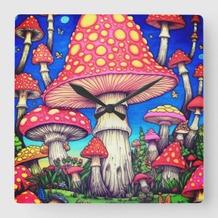 The Colourful Red and Yellow Mushrooms on a   Square Wall Clock