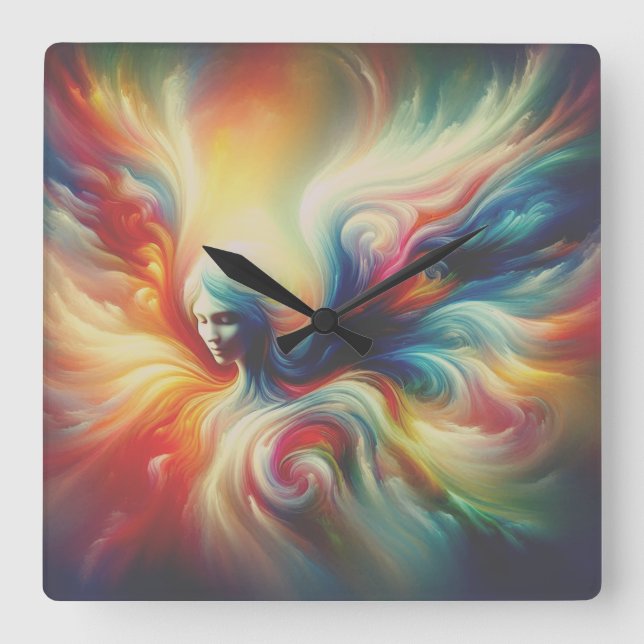 The Colourful Wispy Angel on Front of a   Square Wall Clock (Front)