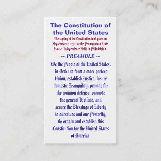 The Constitution of the United States ~ PREAMBLE Business Card (Front)