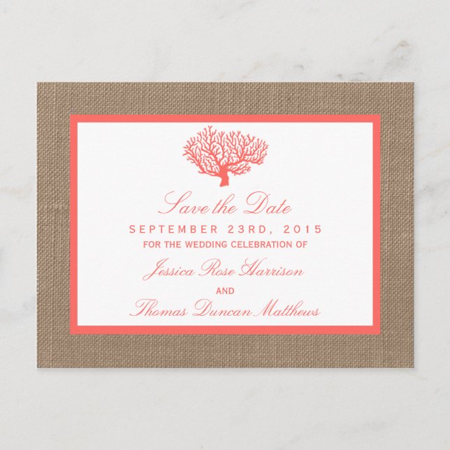 The Coral On Burlap Boho Beach Wedding Collection Announcement Postcard (Front)