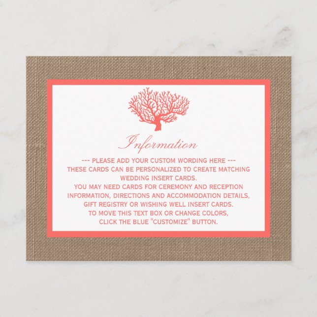 The Coral On Burlap Boho Beach Wedding Collection Enclosure Card (Front)