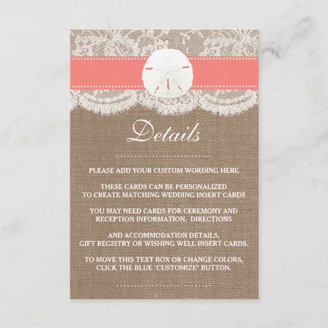 The Coral Sand Dollar Beach Wedding Collection Enclosure Card (Front)