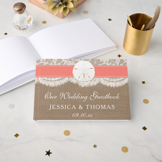 The Coral Sand Dollar Beach Wedding Collection Guest Book (Front Open)