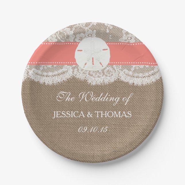 The Coral Sand Dollar Beach Wedding Collection Paper Plate (Front)