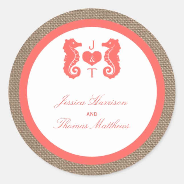 The Coral Seahorse Burlap Beach Wedding Collection Classic Round Sticker (Front)