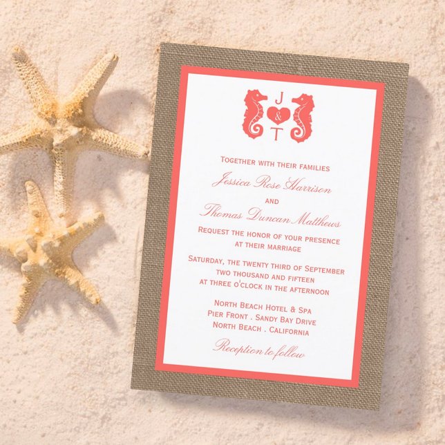 The Coral Seahorse Burlap Beach Wedding Collection Invitation (Creator Uploaded)
