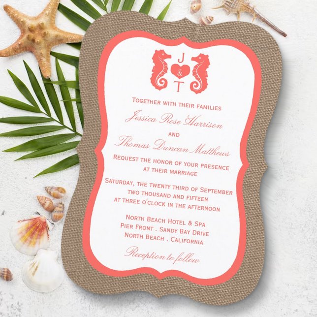 The Coral Seahorse Burlap Beach Wedding Collection Invitation (Creator Uploaded)