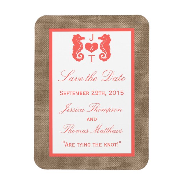 The Coral Seahorse Burlap Beach Wedding Collection Magnet (Vertical)