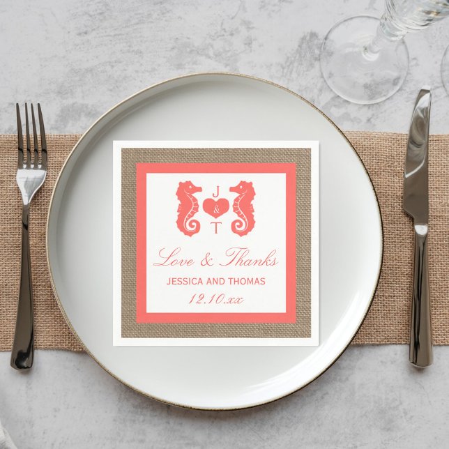 The Coral Seahorse Burlap Beach Wedding Collection Napkin (Creator Uploaded)