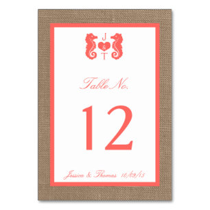 The Coral Seahorse Burlap Beach Wedding Collection Table Number