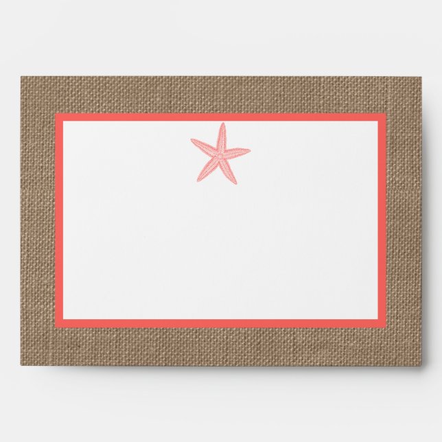 The Coral Starfish Burlap Beach Wedding Collection Envelope (Front)