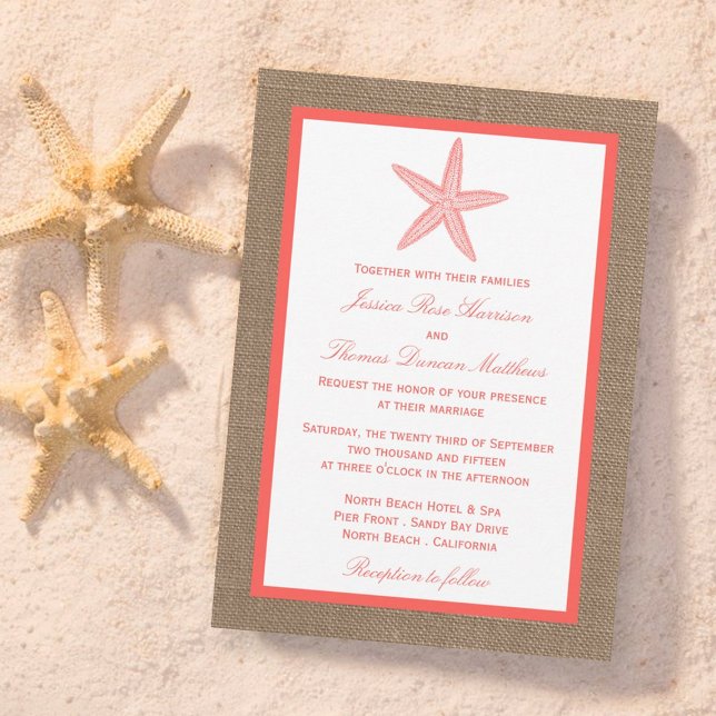 The Coral Starfish Burlap Beach Wedding Collection Invitation (Creator Uploaded)