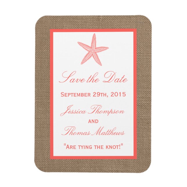 The Coral Starfish Burlap Beach Wedding Collection Magnet (Vertical)