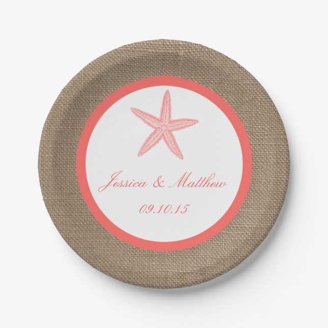 The Coral Starfish Burlap Beach Wedding Collection Paper Plate (Front)