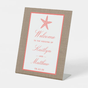 The Coral Starfish Burlap Beach Wedding Collection Pedestal Sign