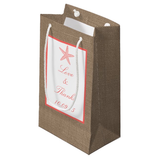 The Coral Starfish Burlap Beach Wedding Collection Small Gift Bag (Front Angled)