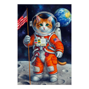 The Cosmic Patriot Astronaut Cat USA Flag on Moon Poster
