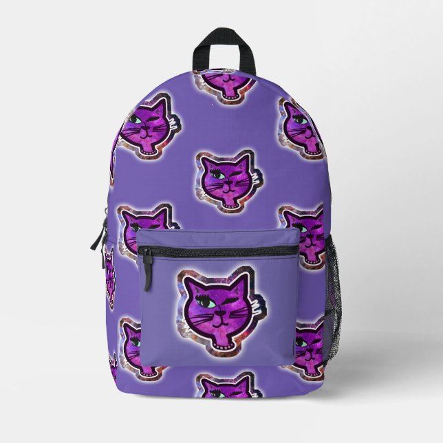 The Cosmos Sparkle Winking Cat Printed Backpack (Front)