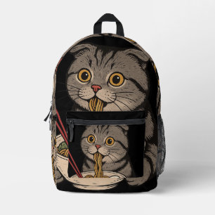 The Cosy Cat Slurping Noodles Printed Backpack