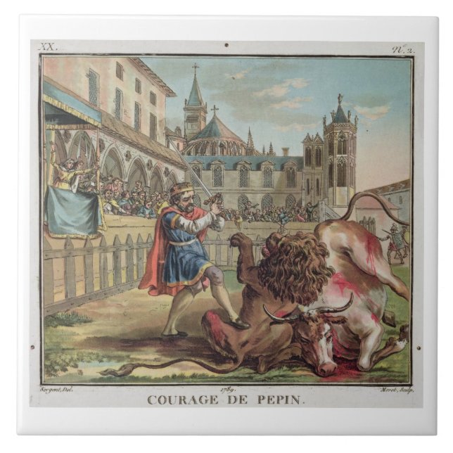 The Courage of Pepin (714-68), engraved by Jean Ba Ceramic Tile (Front)